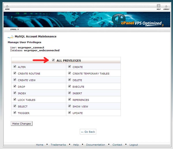 Setting MySQL All Privileges to User in cPanel