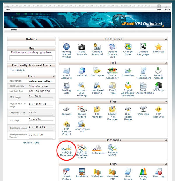 cPanel Home Screen with MySQL Databases