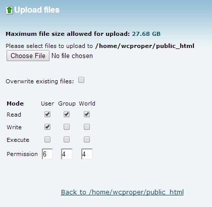 cPanel Upload File Dialogue Box